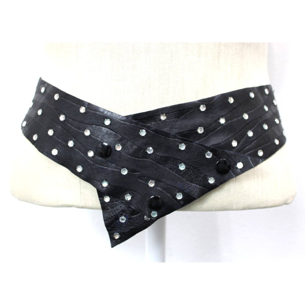 Vintage Monge Belt Black Leather Wide Statement Rhinestone Studded M